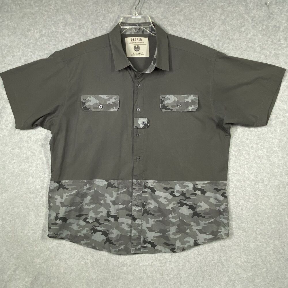 RPR Repair Design Under Construction Mens Sz XXL Grey Camo Button Down Pockets